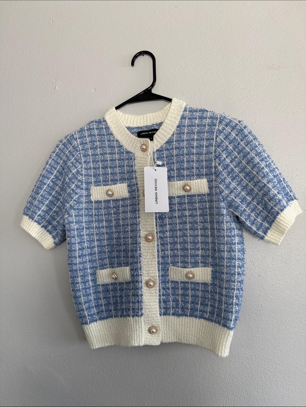 NWT Urban Revivo Blue Tweed Pearl Button Cardigan Preppy - size US 4
